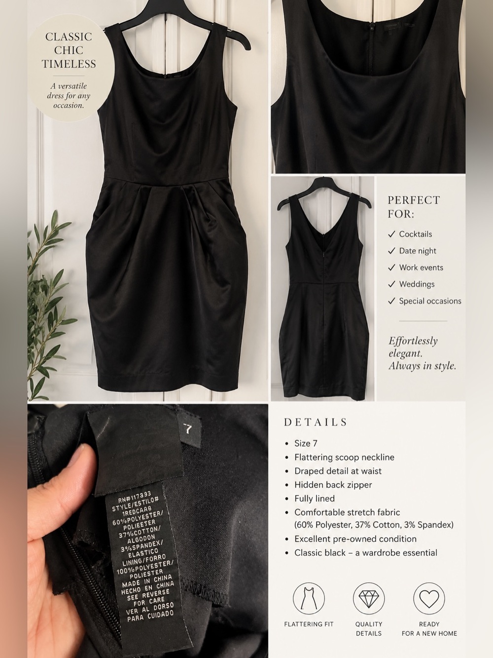 Classic Black Scoop Neck Draped Waist Dress - Size 7